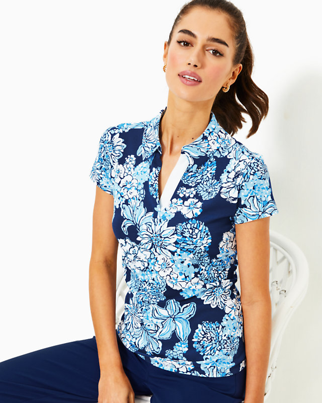 UPF 50+ Luxletic Frida Polo Top, Low Tide Navy Bouquet All Day, large - Lilly Pulitzer