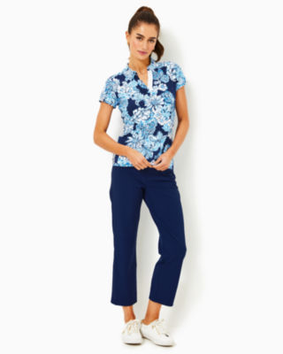 Shop Lilly Pulitzer Upf 50+ Luxletic Frida Polo Top In Low Tide Navy Bouquet All Day