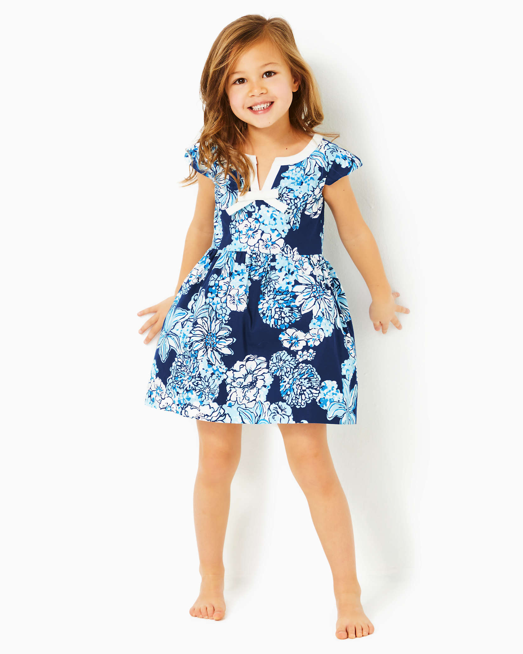 Shop Lilly Pulitzer Girls Lousie Dress In Low Tide Navy Bouquet All Day