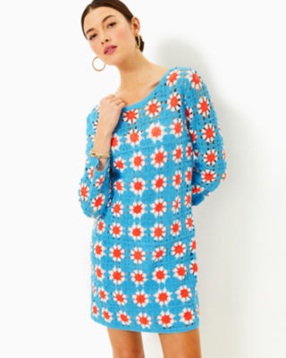 Miabella Crochet Dress, Lunar Blue Floral Crochet, large - Lilly Pulitzer
