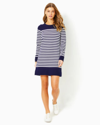 Kenley Cotton Crew Neck Dress, True Navy Riviera Stripe, large image undefined