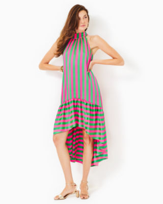 Shop Lilly Pulitzer Steph Halter Midi Dress In Roxie Pink X Spearmint Wide Stripe