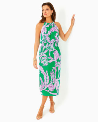 Gracelyn Halter Midi Dress, Brazilian Green Salty Sandbar Oversized Enigineered Knit, large - Lilly Pulitzer