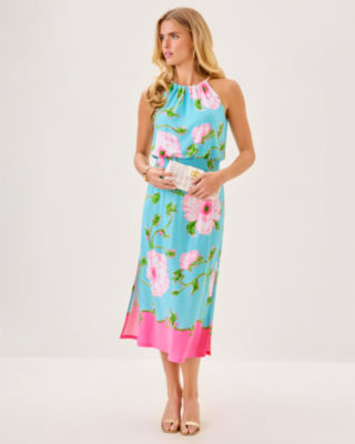 Gracelyn Halter Midi Dress, Fresh Water Blue Bursting Blooms Engineered Knit Dress, large