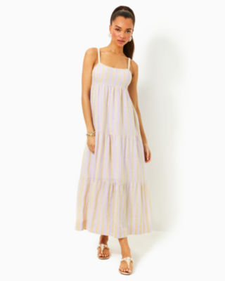 Javanne Linen Maxi Dress, Lilac Opal Island Secrets Stripe, large - Lilly Pulitzer