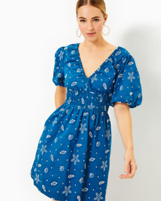 Kilynn Short Sleeve Eyelet Dress, Barton Blue Shell Collector Embroidery, large - Lilly Pulitzer