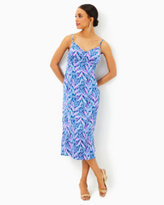 Keana Satin Midi Slip Dress, Barton Blue Star Gazing, large - Lilly Pulitzer