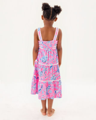 Girls Mini Pollie Midi Dress, Rousseau Pink Barefoot Beachcombers, large image 1