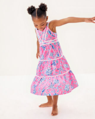 Girls Mini Pollie Midi Dress, Rousseau Pink Barefoot Beachcombers, large image 2
