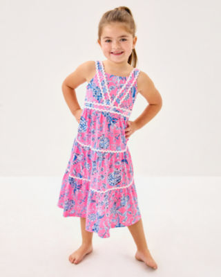 Girls Mini Pollie Midi Dress, Rousseau Pink Barefoot Beachcombers, large image 3