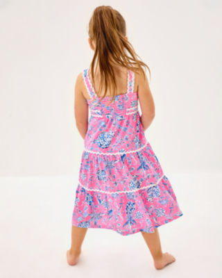 Girls Mini Pollie Midi Dress, Rousseau Pink Barefoot Beachcombers, large image 4