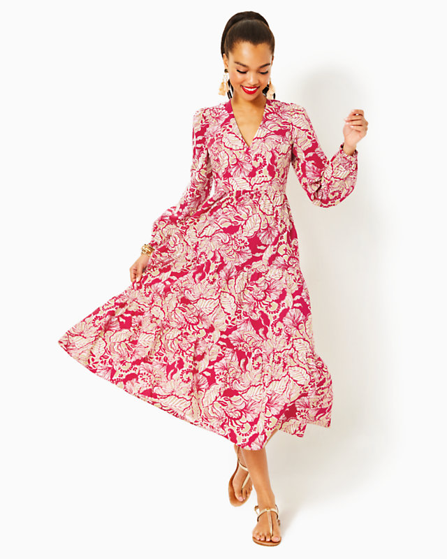 Tinslee Long Sleeve Midi Dress, Poinsettia Red Island Vibes, large - Lilly Pulitzer