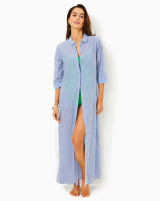 Shop Lilly Pulitzer Natalie Maxi Cover-up In Coastal Blue Ltwt Oxford Stripe