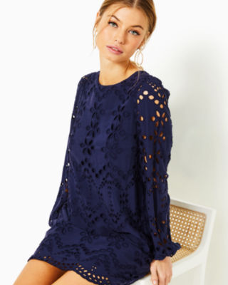 Alyna Long Sleeve Eyelet Dress, True Navy Soiree Eyelet, large image undefined