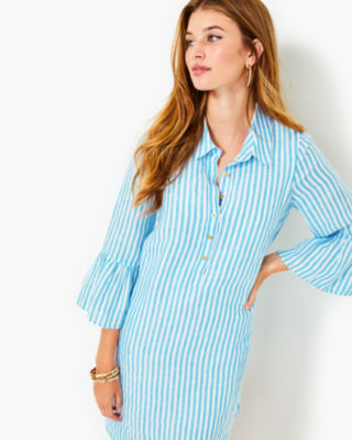 Jazmyn Linen Tunic Dress, Lunar Blue Bimini Stripe, large image undefined