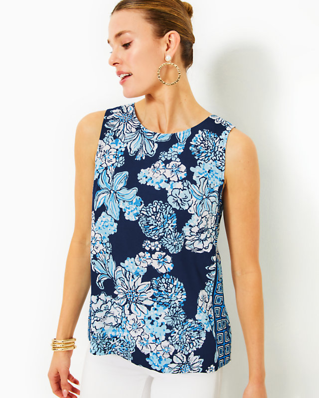 Iona Sleeveless Top, Low Tide Navy Bouquet All Day Engineered Woven Top, large - Lilly Pulitzer