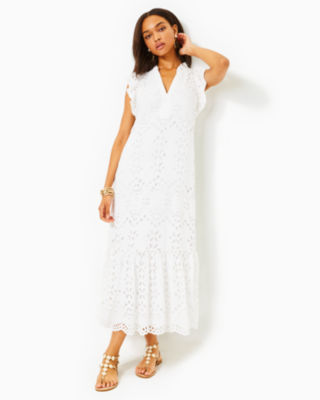 Klaudie Eyelet Midi Dress, Resort White Soiree Eyelet, large - Lilly Pulitzer