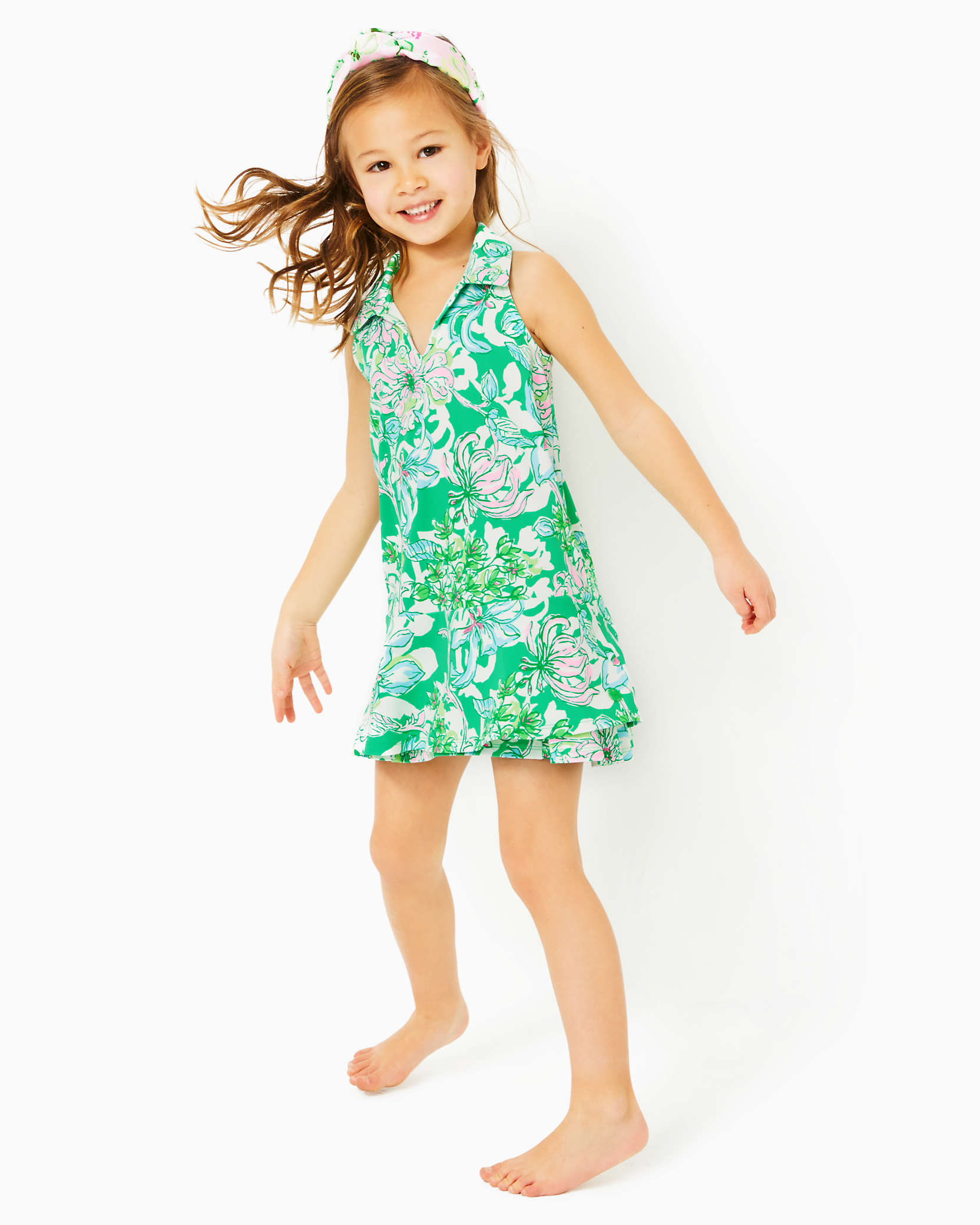 Lilly Pulitzer Upf 50+ Girls Mini Dania Dress In Spearmint Blossom Views