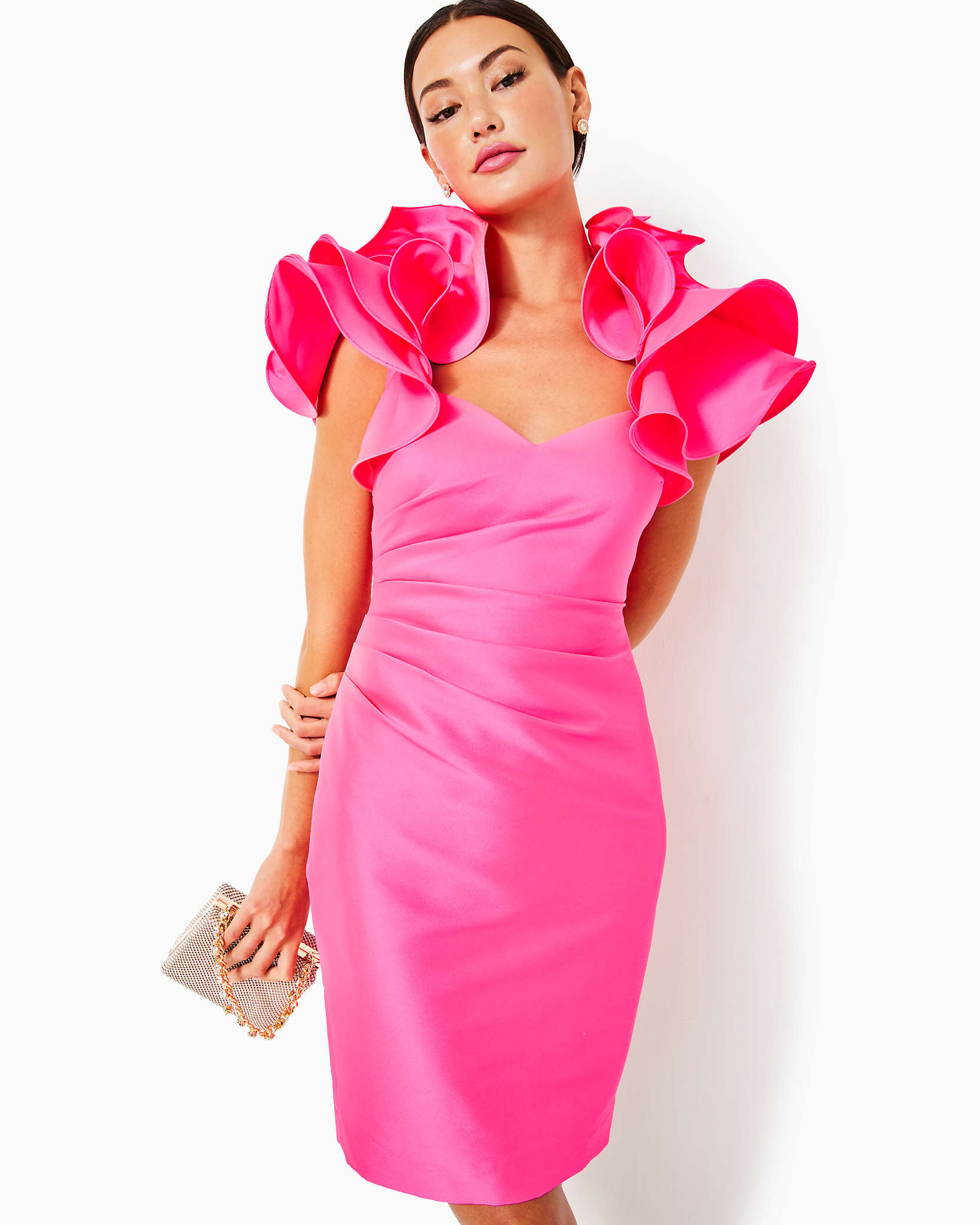 Shop Lilly Pulitzer X Badgley Mischka Honor Ruffle Dress In Roxie Pink