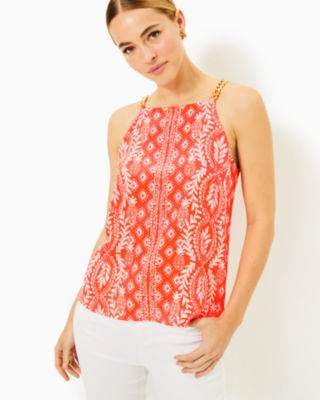 Joannah Silk Top, Flamingo Feather Harbour View Engineered Woven Top, large - Lilly Pulitzer