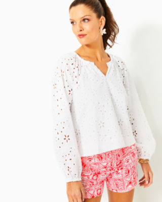 Maisha Eyelet Top, Resort White Sealife Eyelet, large - Lilly Pulitzer