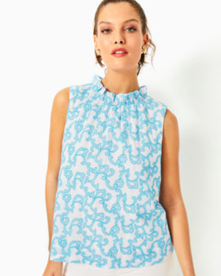 Dahliana Embroidered Top, Lunar Blue Flamingle Embroidered Cotton, large - Lilly Pulitzer