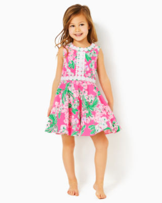 Girl's Navy and Pink Rifle Paper Floral Print Ruffle Cotton Dress