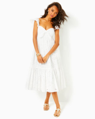 Lantana Eyelet Midi Dress, Resort White Tropical Leaf Eyelet, large - Lilly Pulitzer