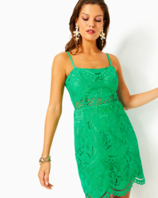 Risette Lace Dress, Brazilian Green Palms In Paradise Lace, large - Lilly Pulitzer