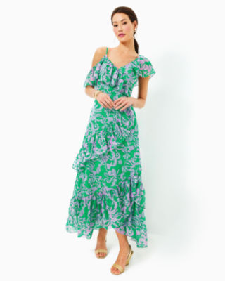 Rosalynn Ruffle Maxi Dress, Brazilian Green Salty Sandbar, large - Lilly Pulitzer