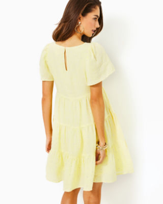 Jocelyn Linen Dress, Finch Yellow You Drive Me Daisy Embroidered Linen, large image undefined