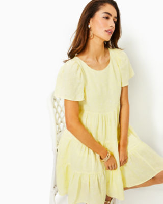 Jocelyn Linen Dress, Finch Yellow You Drive Me Daisy Embroidered Linen, large image undefined