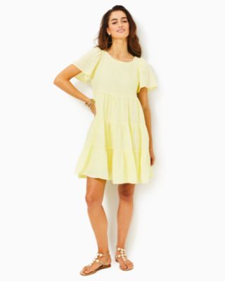 Jocelyn Linen Dress, Finch Yellow You Drive Me Daisy Embroidered Linen, large image undefined