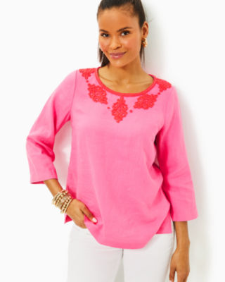Elyn Beaded Linen Top, Confetti Pink, large - Lilly Pulitzer