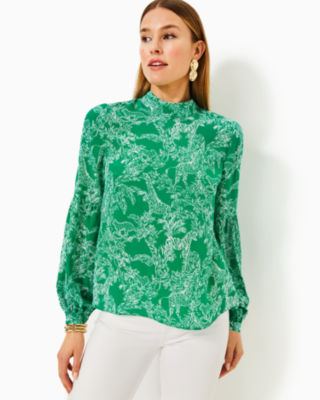 Witaker Silk Top, Fiddle Leaf Green Safari Party, large - Lilly Pulitzer