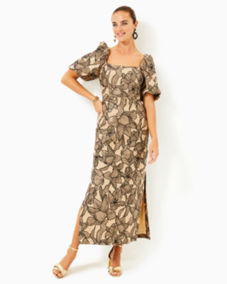 Linora Maxi Dress, Wicker Tan Embroidered Sequin Exploded Flora, large - Lilly Pulitzer