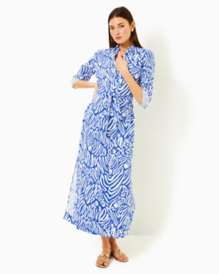 Millicent Linen Maxi Shirtdress, Martinique Blue Zee Bebe Oversized, large - Lilly Pulitzer