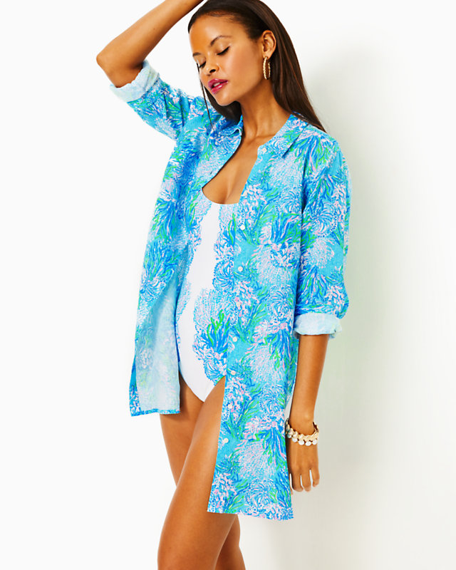 Sea View Linen Cover-Up, Las Olas Aqua Strong Current Sea, large - Lilly Pulitzer