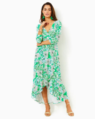 Women'S Printed Round Neck Side Slit Hem Maxi Dress With Plant Pattern