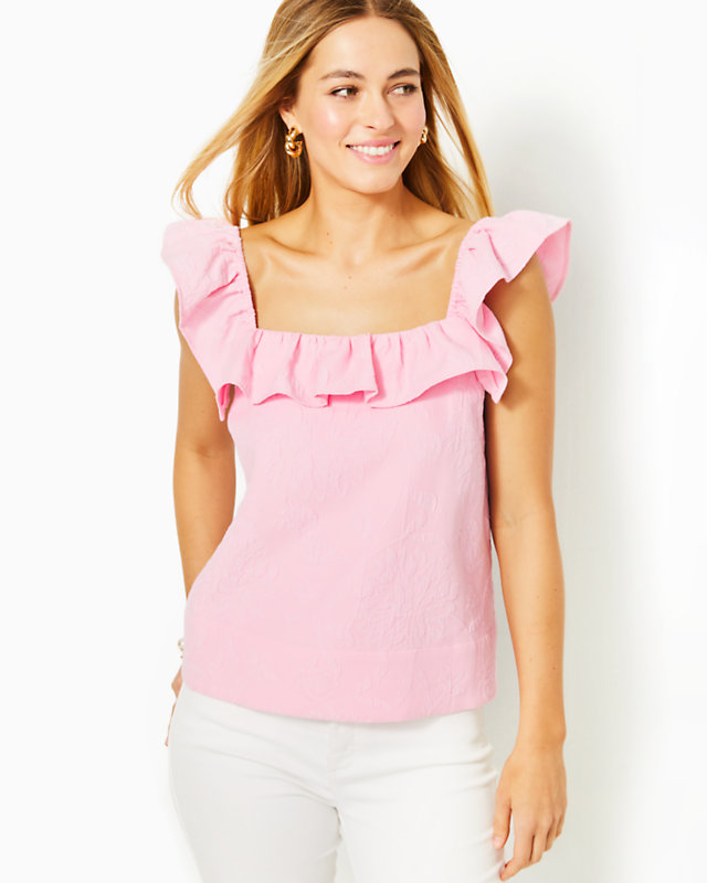 Zoya Ruffle Top, Conch Shell Pink Caliente Pucker Jacquard, large - Lilly Pulitzer