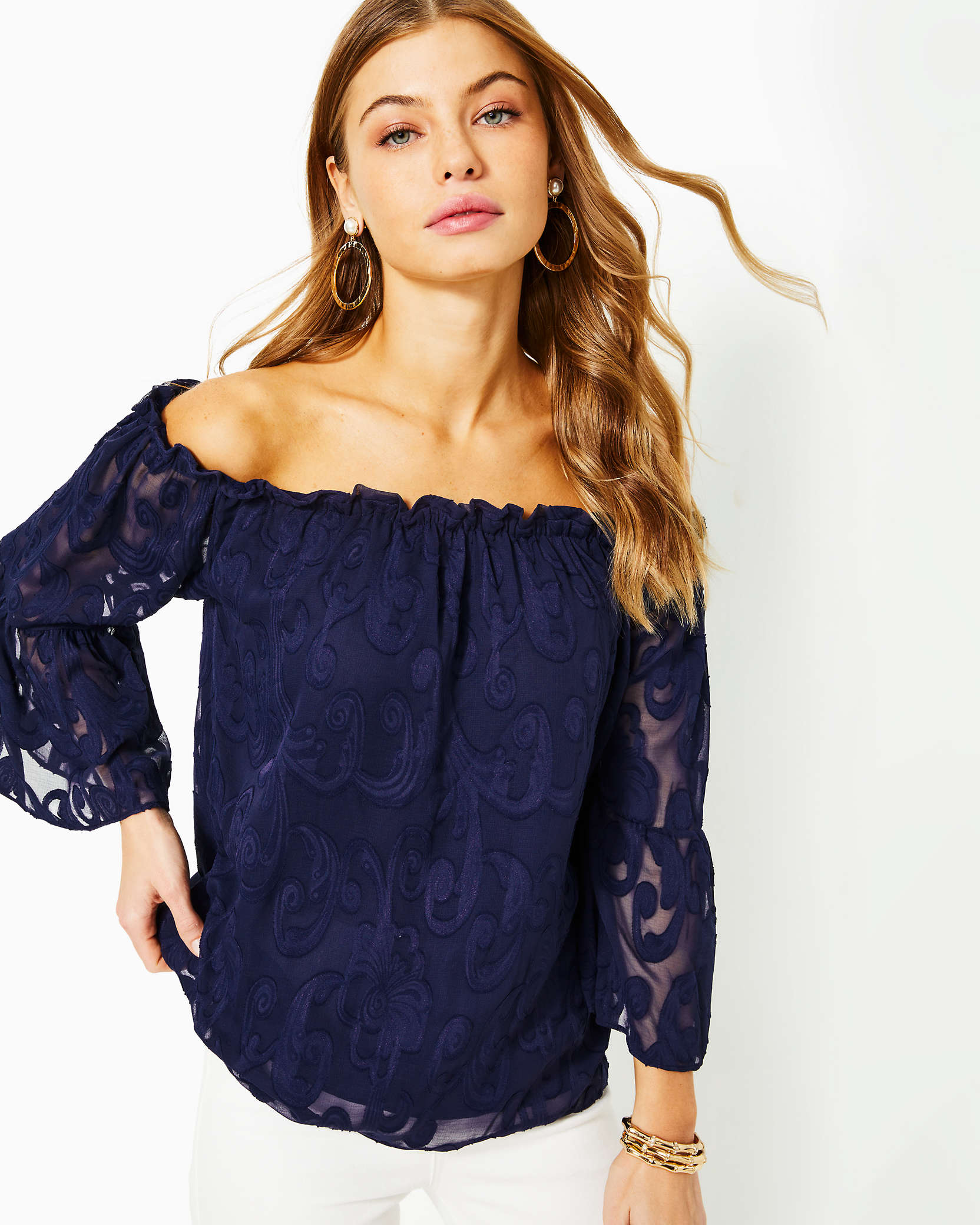 Shop Lilly Pulitzer Nevie Off-the-shoulder Top In True Navy Poly Crepe Swirl Clip