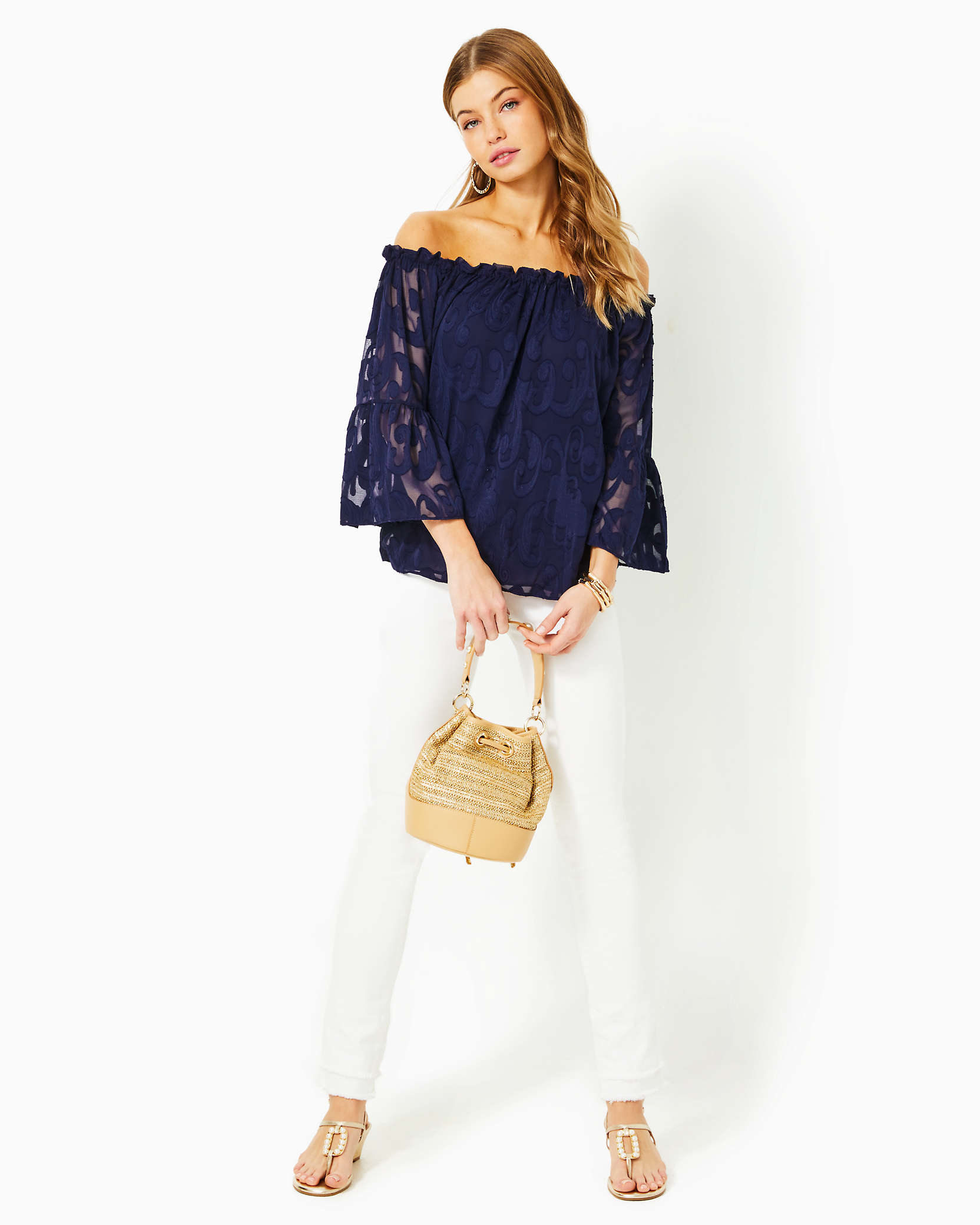 Shop Lilly Pulitzer Nevie Off-the-shoulder Top In True Navy Poly Crepe Swirl Clip