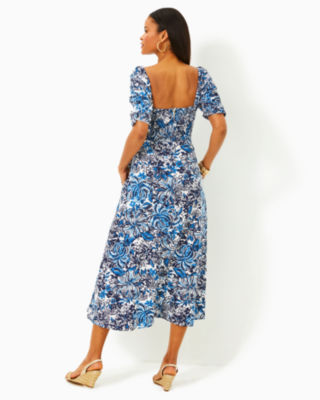 Shop Lilly Pulitzer Mylie Linen Midi Dress In Low Tide Navy Pandarama