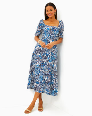 Shop Lilly Pulitzer Mylie Linen Midi Dress In Low Tide Navy Pandarama