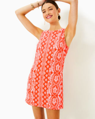 Edita Shift Dress, Flamingo Feather Harbour View Engineered Dress, large - Lilly Pulitzer