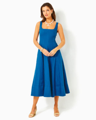 Calina Linen Midi Dress, Barton Blue, large - Lilly Pulitzer