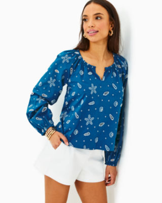 Maisha Eyelet Top, Barton Blue Shell Collector Embroidery, large - Lilly Pulitzer
