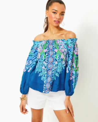 Aimes Off-the-Shoulder Top, Barton Blue Seacret Escape Engineered Woven Top, large - Lilly Pulitzer