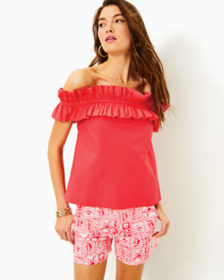 Brennalee Off-the-Shoulder Ruffle Top, Mizner Red, large - Lilly Pulitzer