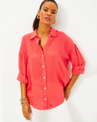 Stevey Relaxed Button Down Linen Shirt, Mizner Red, large - Lilly Pulitzer